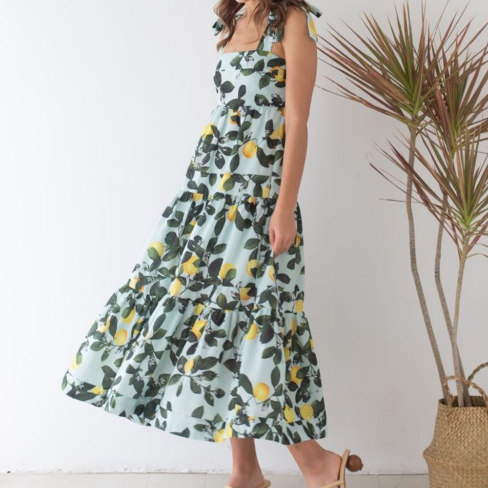 Chicwish Minty Lemon Printed Tie-Strap Maxi Dress